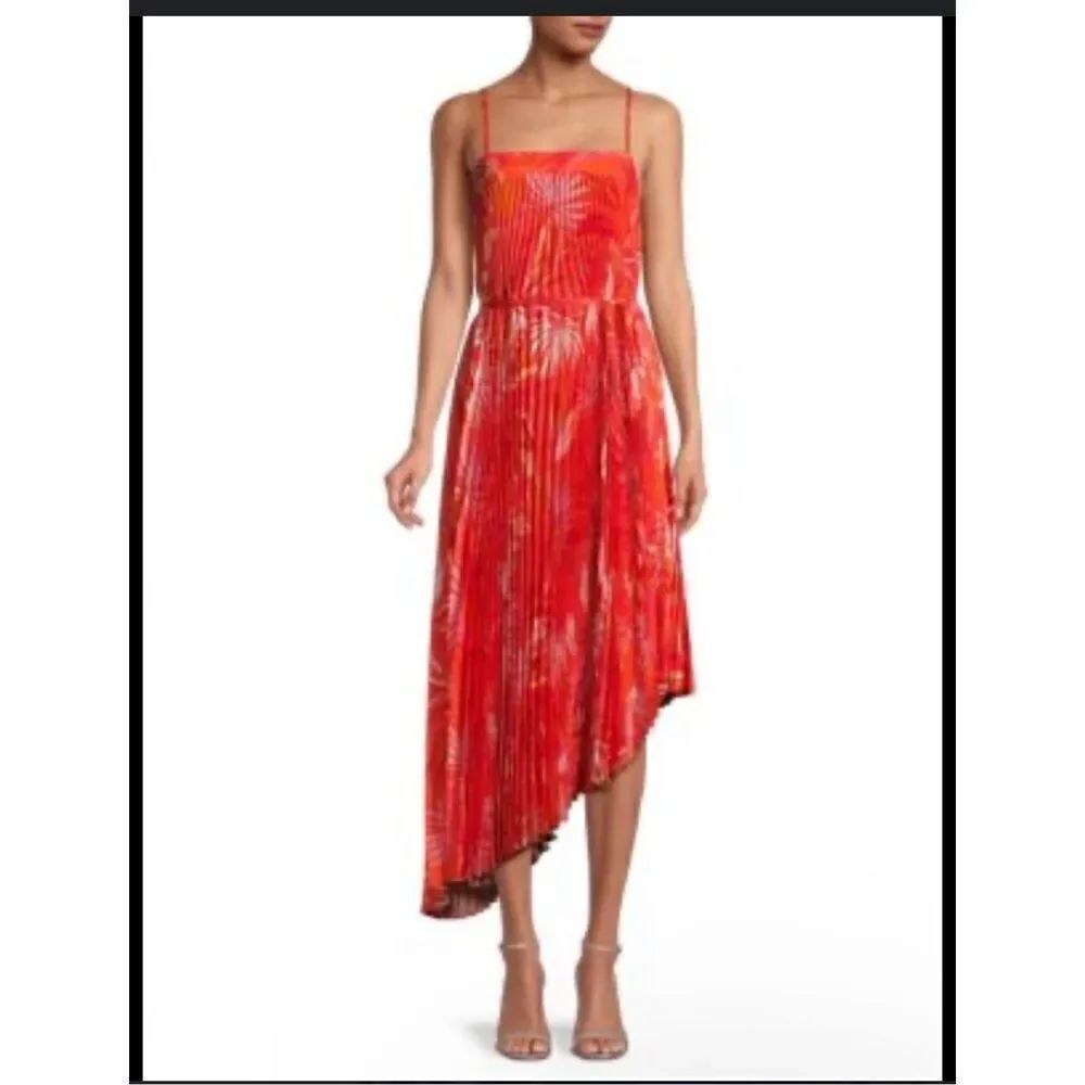 Milly Irene Tropical palm print Asymmetrical pleated accents dress 6